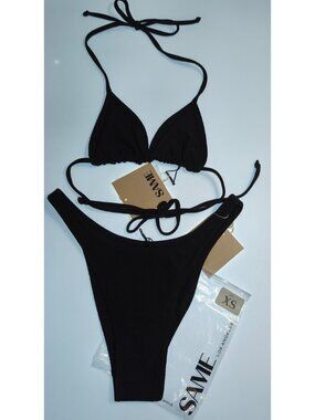 SAME Los Angeles Faux Suede Bikini Set Black XS Brazilian Tie Side Triangle NWT